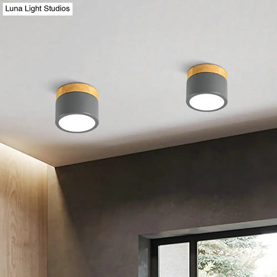 Modern Metallic Led Flush Mount: Cylinder Bedroom Lighting Simplified Grey