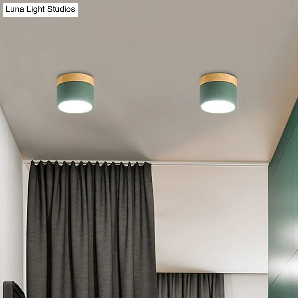 Modern Metallic Led Flush Mount: Cylinder Bedroom Lighting Simplified Green