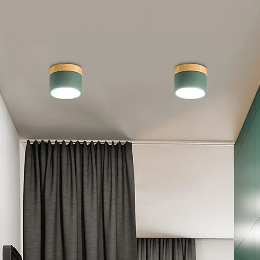 Modern Metallic Led Flush Mount: Cylinder Bedroom Lighting Simplified Green