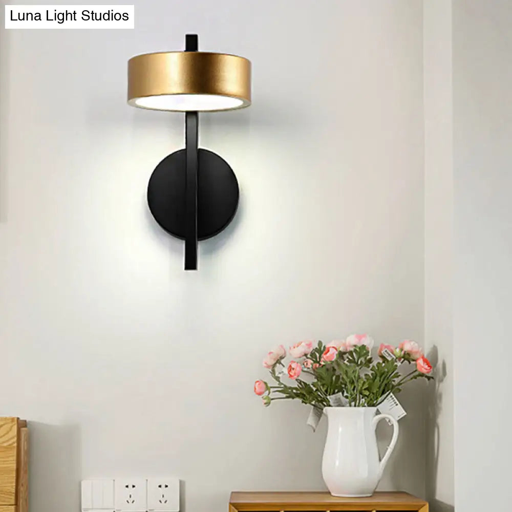 Modern Metallic Led Reading Lamp: Black And Gold Cylinder Sconce Light Fixture With White