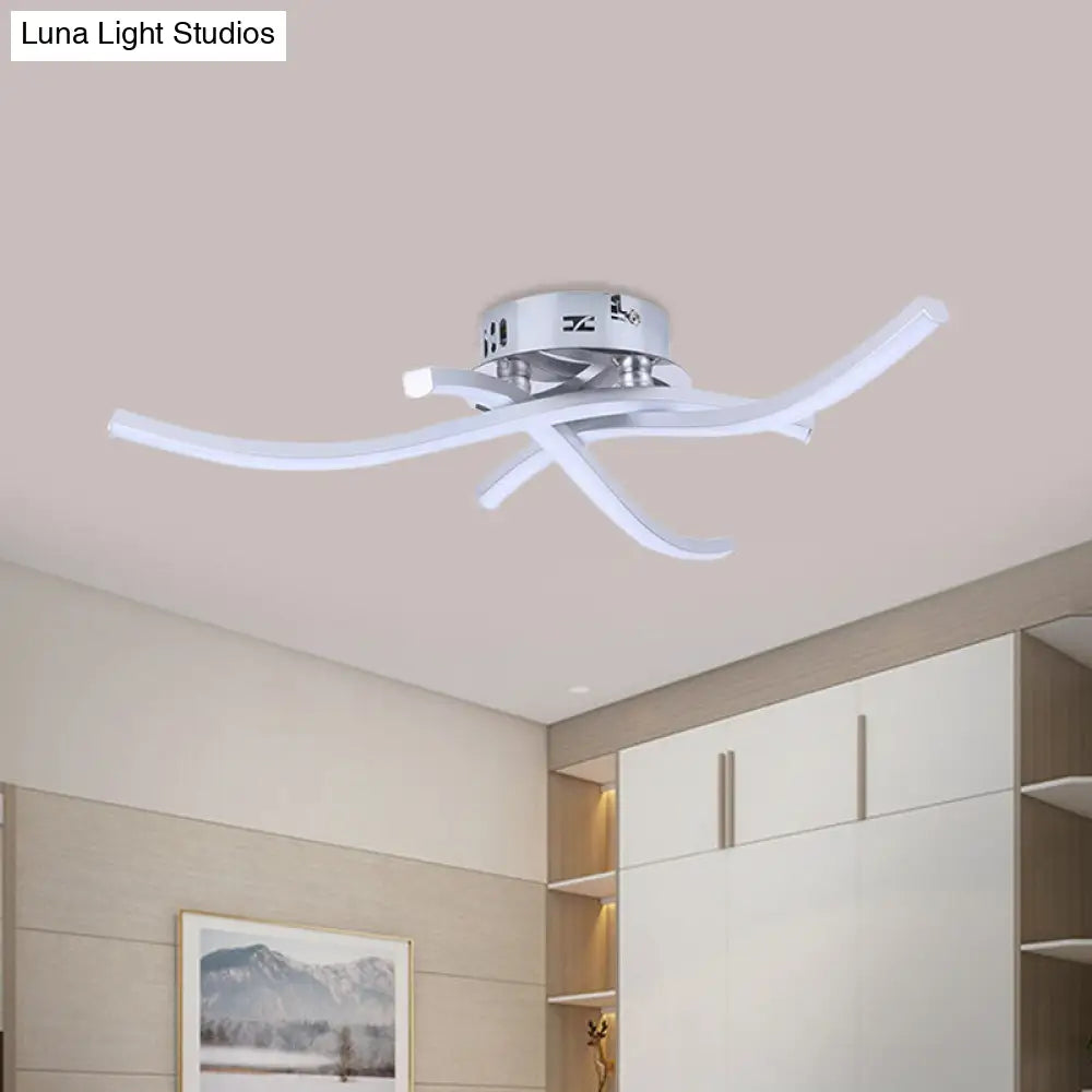 Modern Metallic Led Silver Semi Flush Ceiling Light | Crossing Wave Flushmount Lamp (Warm/White