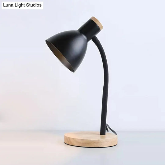 Modern Metallic Night Light With Flexible Gooseneck Bowl Shade And Wood Base - Black/White 1 Head