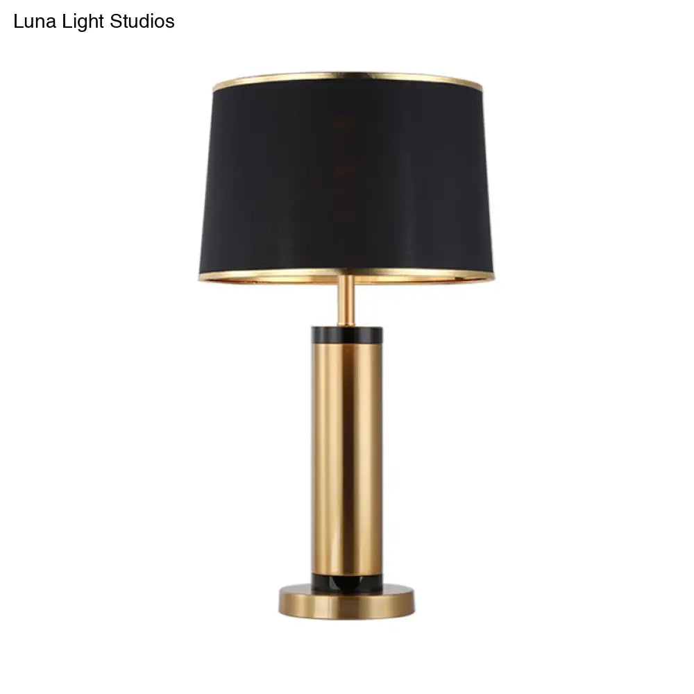 Modern Metallic Tube Desk Light With Gold Finish 1-Light Drum Black Fabric Shade