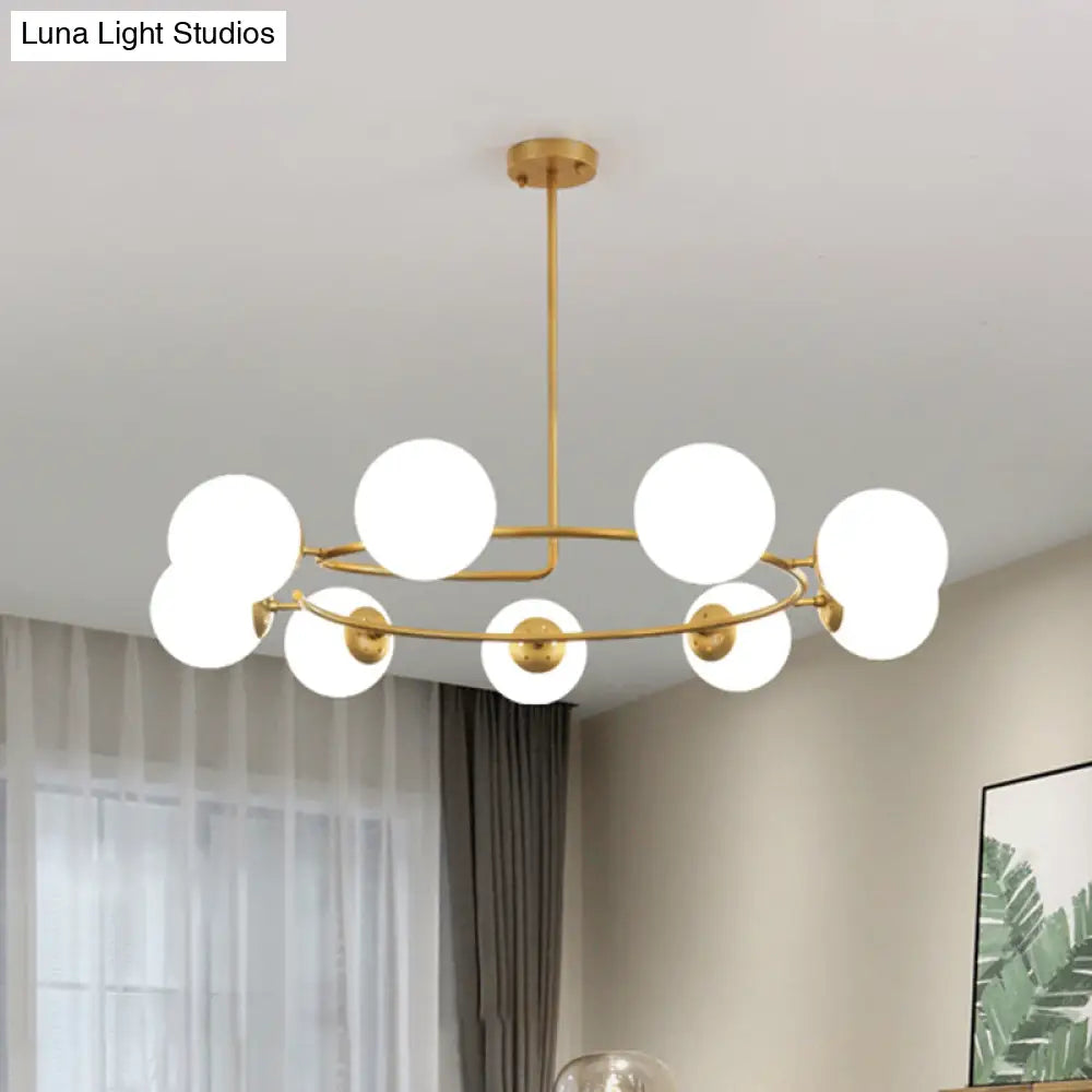 Modern Milk Frosted Glass Chandelier Pendant Lamp With 9 Bulbs - Gold Ring Design For Living Room