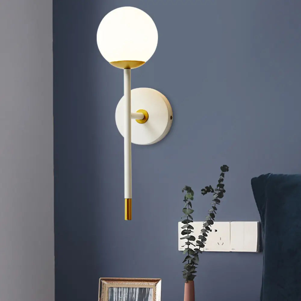 Modern Milk Frosted Glass Wall Sconce In White-Brass - Long Arm Bedside Lamp Kit White