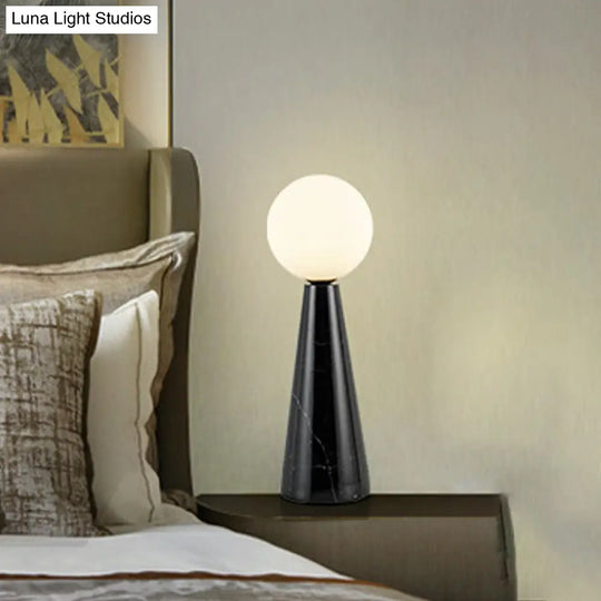 Modern Milk Glass Ball Desk Light - 1 Bulb Table Lamp With Black/White Marble Base