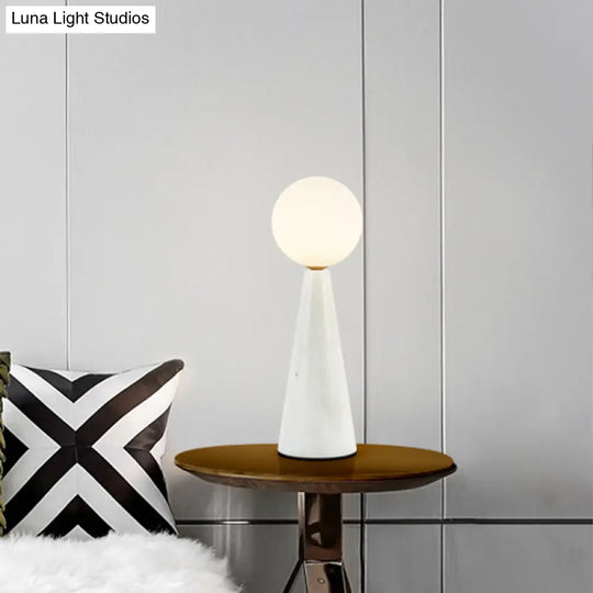 Modern Milk Glass Ball Desk Light - 1 Bulb Table Lamp With Black/White Marble Base