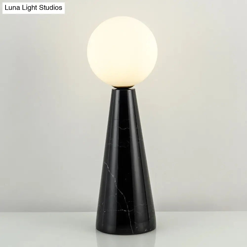 Modern Milk Glass Ball Desk Light - 1 Bulb Table Lamp With Black/White Marble Base