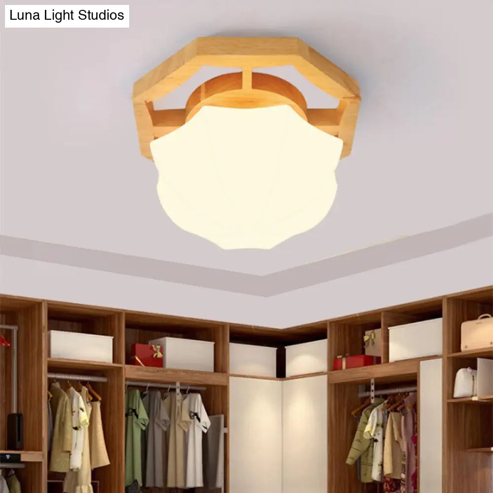 Modern Milk Glass Beige Led Flush Mount Lamp With Wood Canopy - Various Sizes