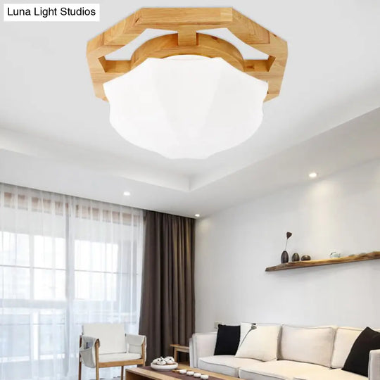 Modern Milk Glass Beige Led Flush Mount Lamp With Wood Canopy - Various Sizes / 10
