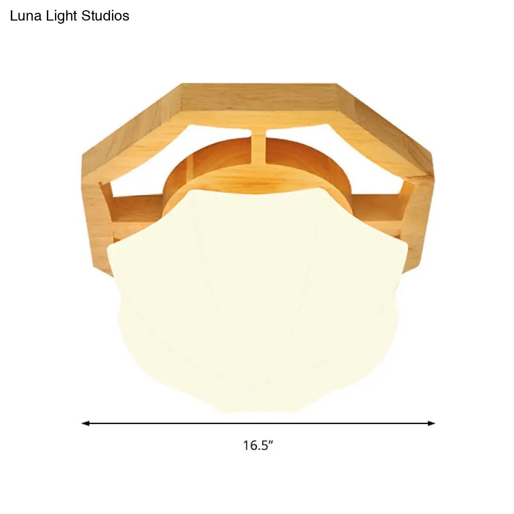 Modern Milk Glass Beige Led Flush Mount Lamp With Wood Canopy - Various Sizes