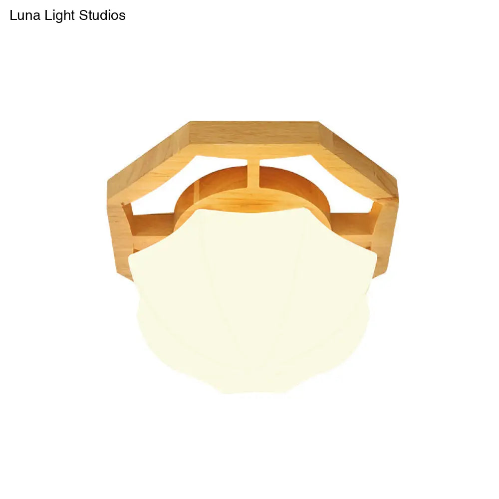 Modern Milk Glass Beige Led Flush Mount Lamp With Wood Canopy - Various Sizes