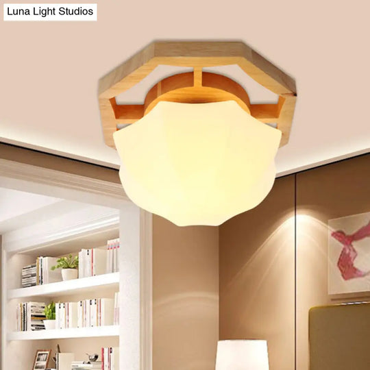 Modern Milk Glass Beige Led Flush Mount Lamp With Wood Canopy - Various Sizes