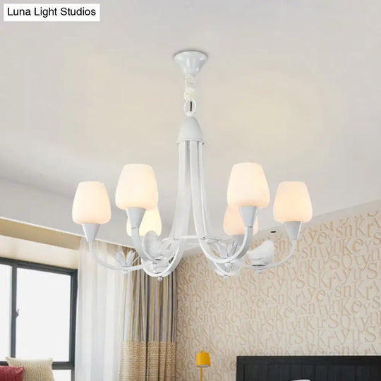 Modern Milk Glass Bud Chandelier With Bird Deco - 6 White Lights For Living Room