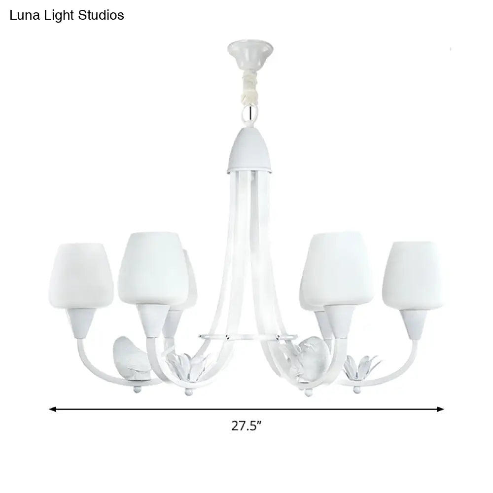 Modern Milk Glass Bud Chandelier With Bird Deco - 6 White Lights For Living Room