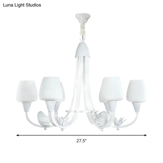 Modern Milk Glass Bud Chandelier With Bird Deco - 6 White Lights For Living Room