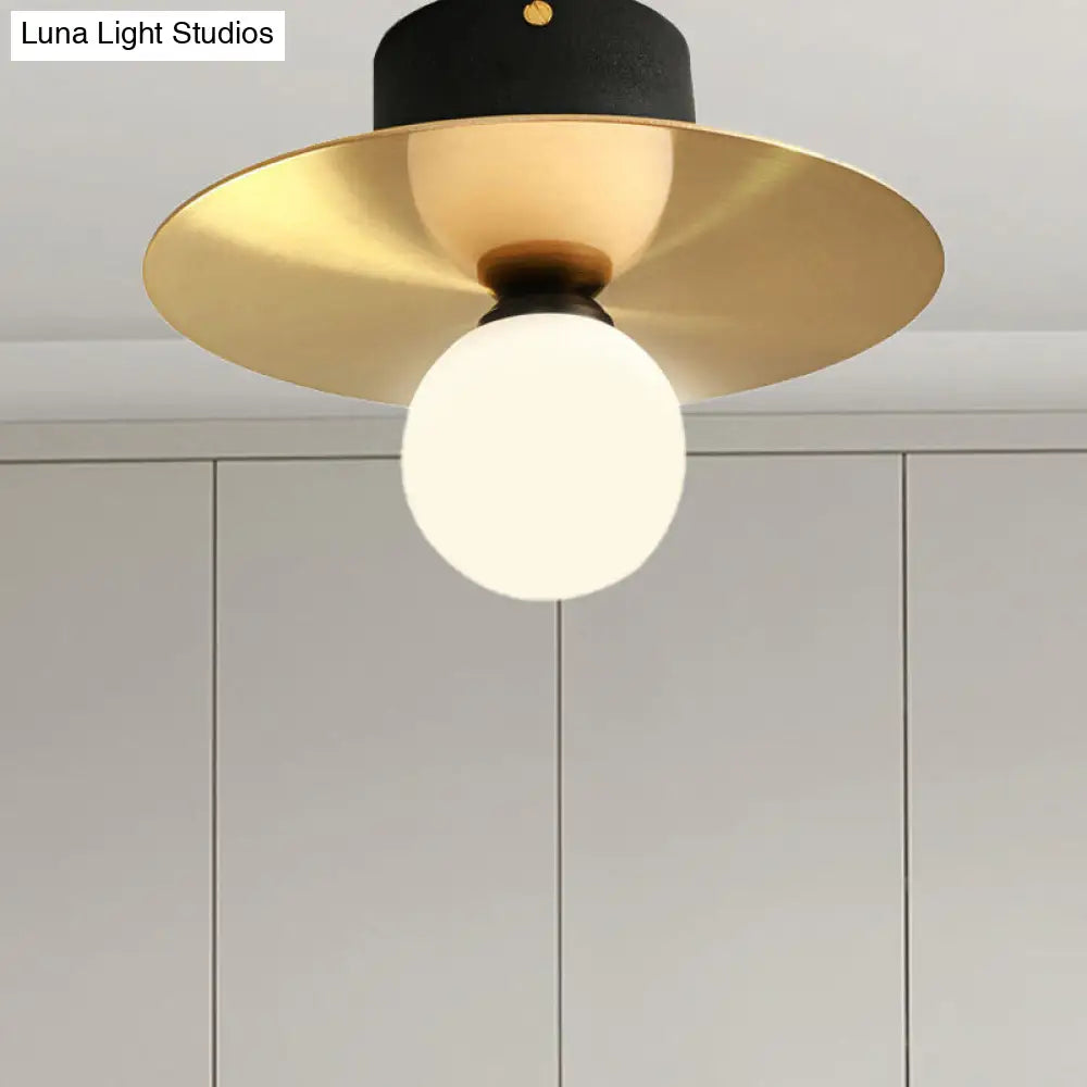 Modern Milk Glass Ceiling Light Fixture With Gold Disk - Contemporary 1-Bulb Lighting For Living