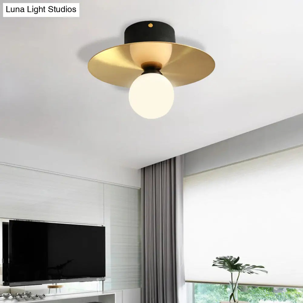 Modern Milk Glass Ceiling Light Fixture With Gold Disk - Contemporary 1-Bulb Lighting For Living