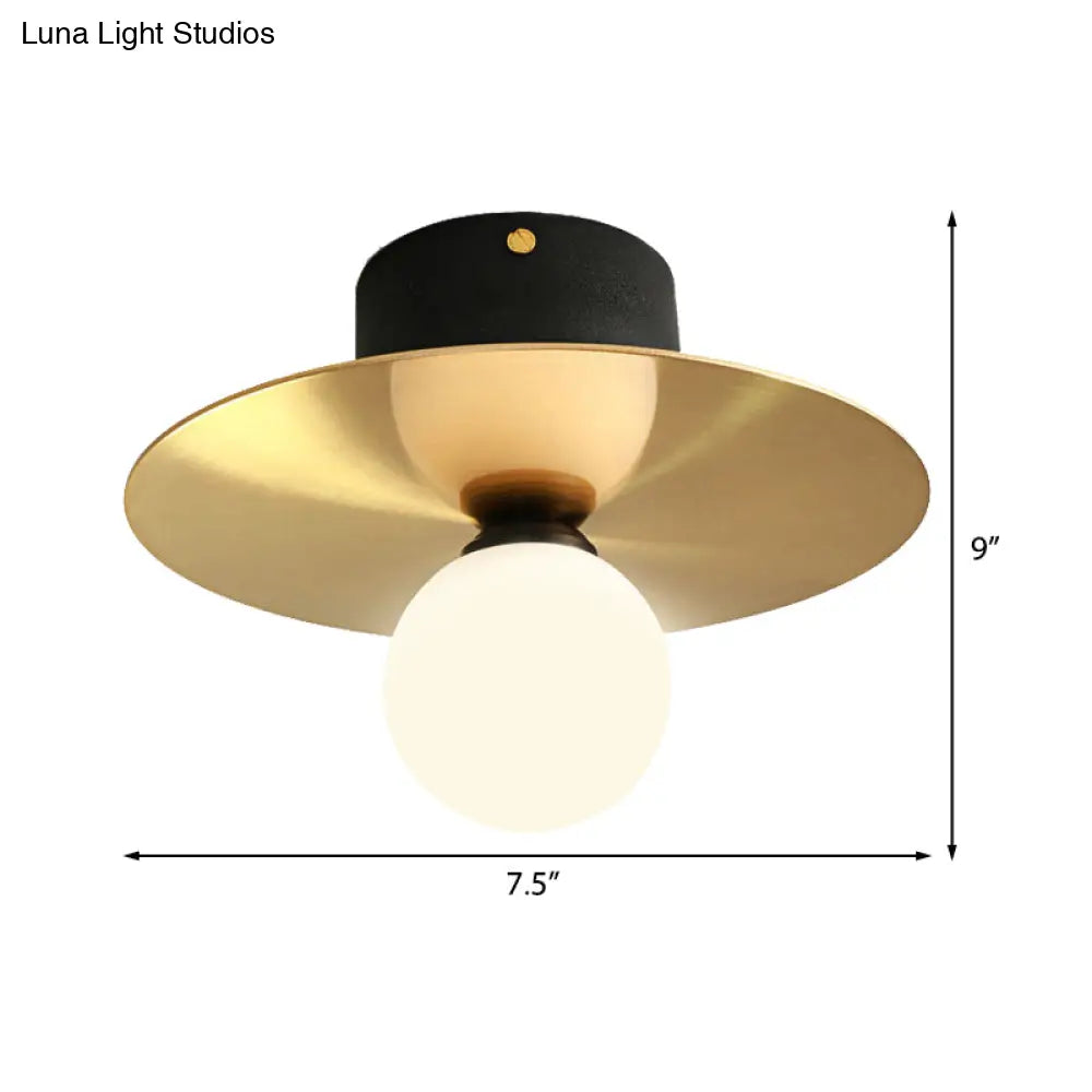 Modern Milk Glass Ceiling Light Fixture With Gold Disk - Contemporary 1 - Bulb Lighting For Living