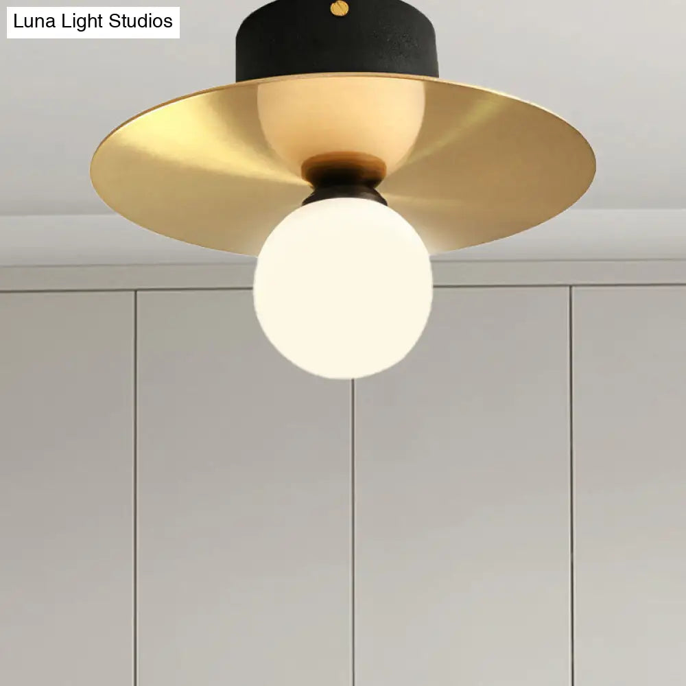 Modern Milk Glass Ceiling Light Fixture With Gold Disk - Contemporary 1 - Bulb Lighting For Living