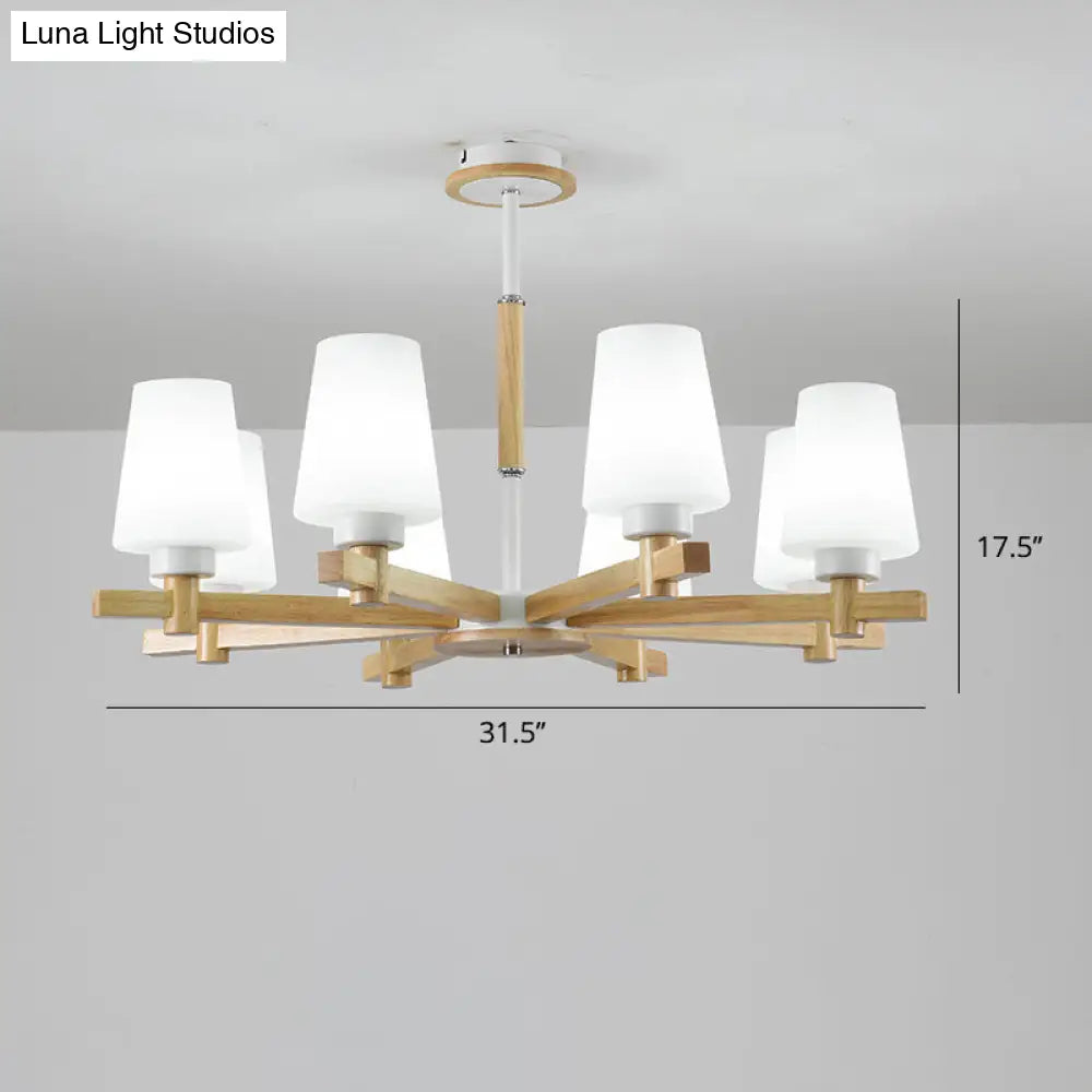 Modern Wood Chandelier: Milk Glass Tapered Suspension Light For Living Room