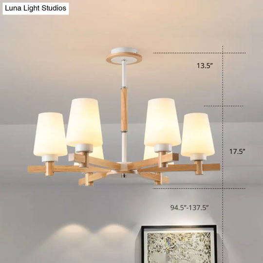 Modern Milk Glass Chandelier With Wood Suspension For Living Room Lighting