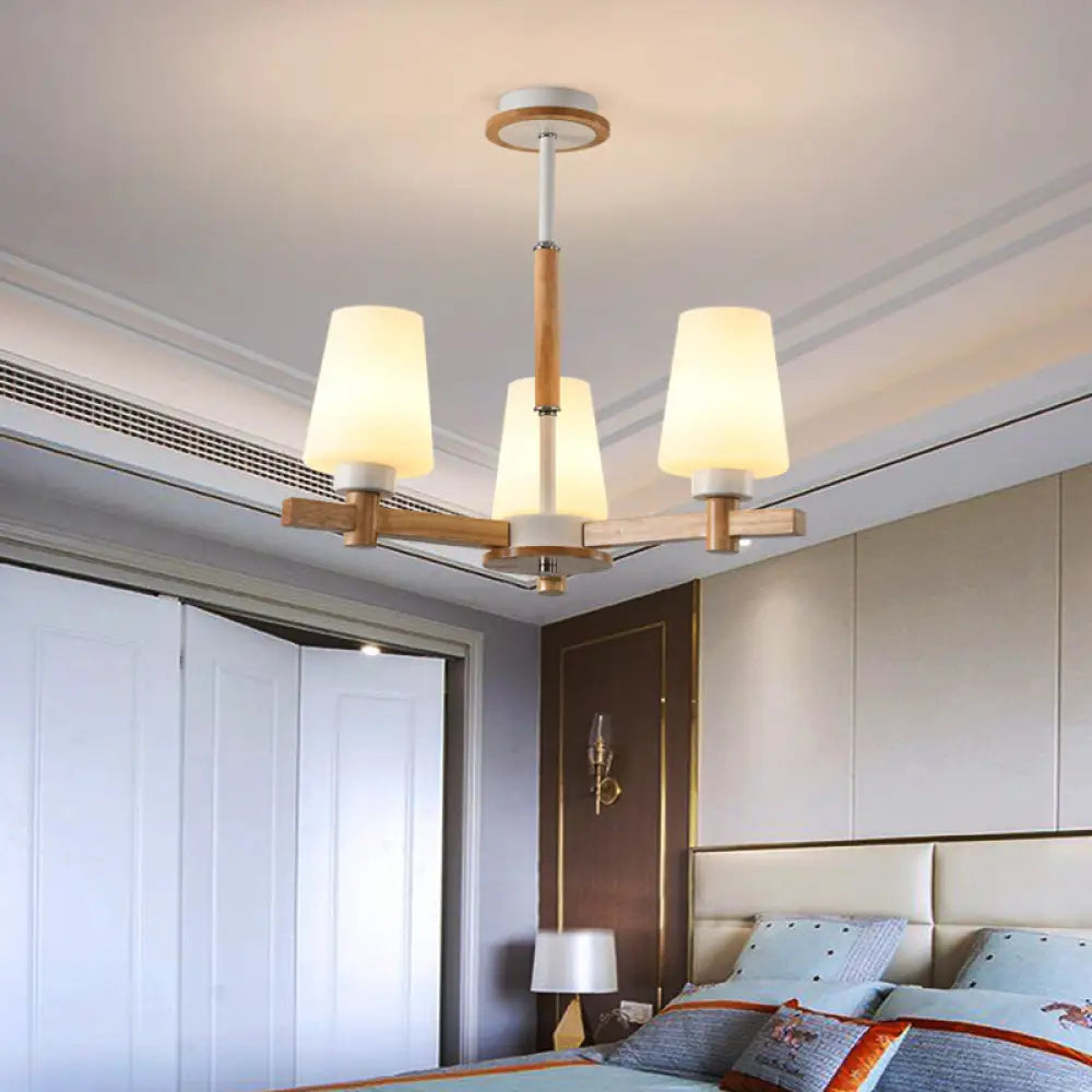 Modern Milk Glass Chandelier With Wood Suspension For Living Room Lighting 3 /