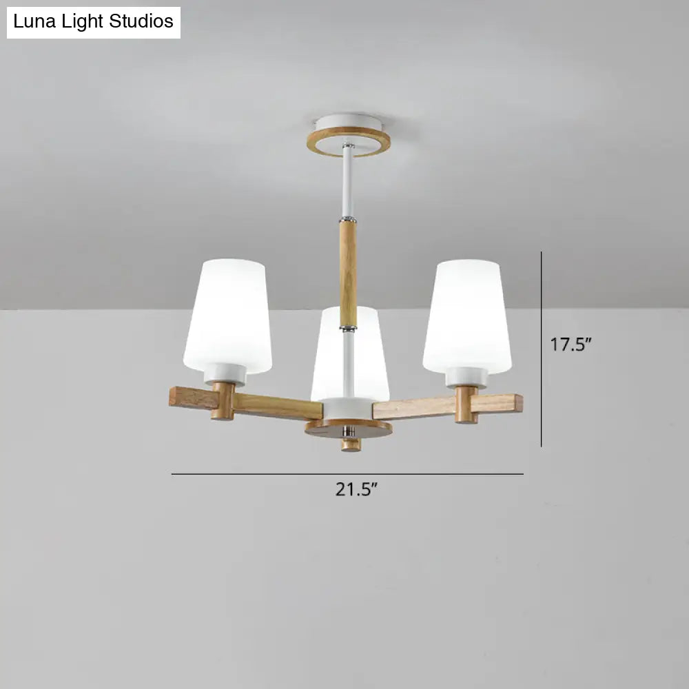 Modern Milk Glass Chandelier With Wood Suspension For Living Room Lighting