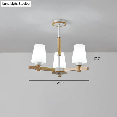 Modern Milk Glass Chandelier With Wood Suspension For Living Room Lighting