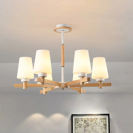 Modern Milk Glass Chandelier With Wood Suspension For Living Room Lighting 6 /