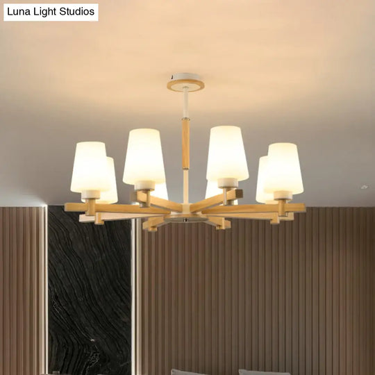 Modern Wood Chandelier: Milk Glass Tapered Suspension Light For Living Room