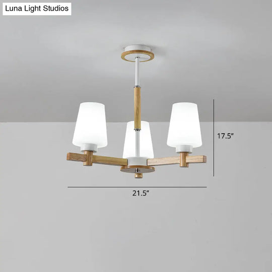 Modern Milk Glass Chandelier With Wood Suspension For Living Room Lighting