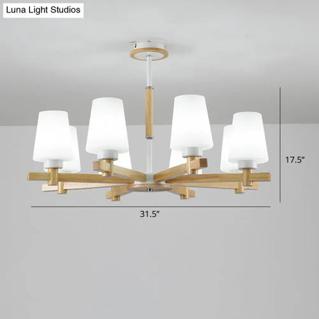 Modern Milk Glass Chandelier With Wood Suspension For Living Room Lighting