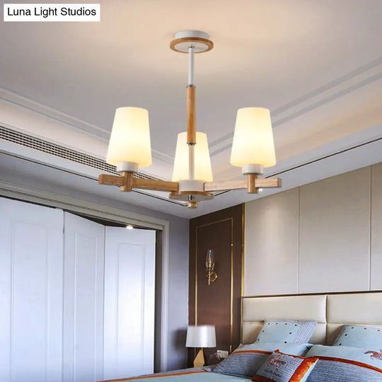Modern Wood Chandelier: Milk Glass Tapered Suspension Light For Living Room 3 /