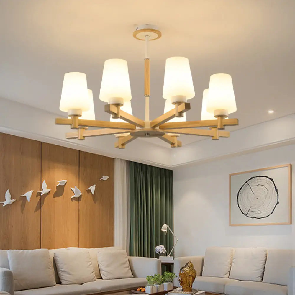 Modern Milk Glass Chandelier With Wood Suspension For Living Room Lighting 8 /