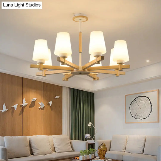 Modern Wood Chandelier: Milk Glass Tapered Suspension Light For Living Room 8 /