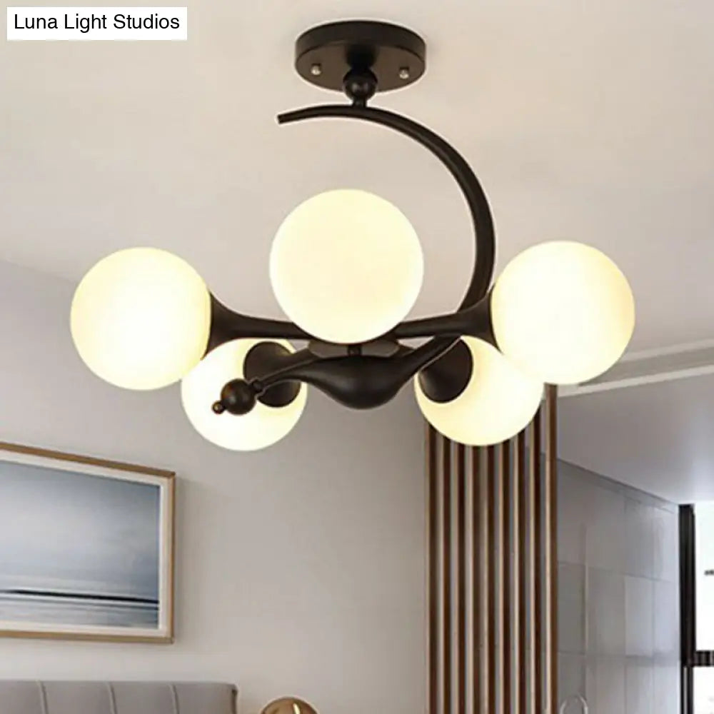 Modern Milk Glass Dining Room Ceiling Light - Spherical Semi Flush Mount Fixture 5 / Black