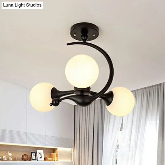 Modern Milk Glass Dining Room Ceiling Light - Spherical Semi Flush Mount Fixture 3 / Black