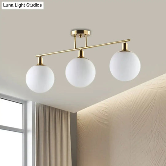 Modern Milk Glass Orb Linear Chandelier Pendant Light - 2/3 Heads Gold Finish