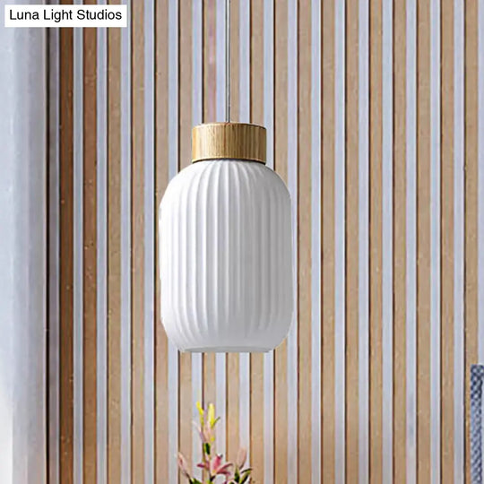 Modern Milk Glass Ribbed Cylinder Pendant Light - 5.5’/8’/12’ 1 White Ceiling Fixture For