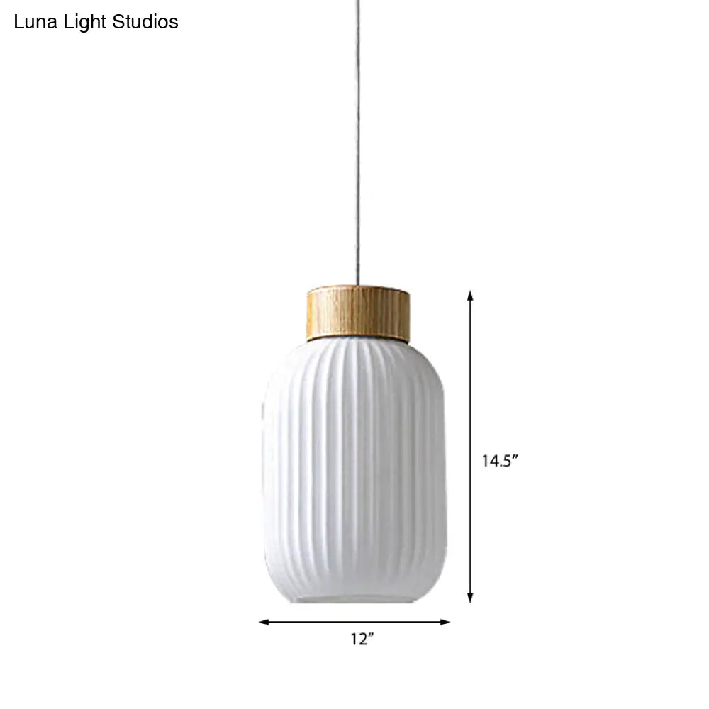 Modern 1-Light Milk Glass Ribbed Cylinder Pendant Light For Restaurants - 5.5 8 12 Diameter White