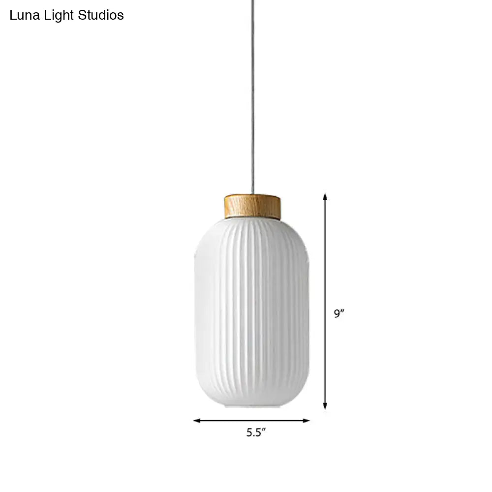 Modern 1-Light Milk Glass Ribbed Cylinder Pendant Light For Restaurants - 5.5 8 12 Diameter White