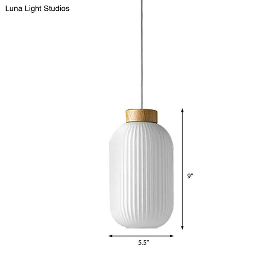 Modern 1-Light Milk Glass Ribbed Cylinder Pendant Light For Restaurants - 5.5 8 12 Diameter White