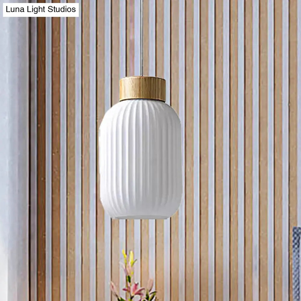 Modern 1-Light Milk Glass Ribbed Cylinder Pendant Light For Restaurants - 5.5 8 12 Diameter White