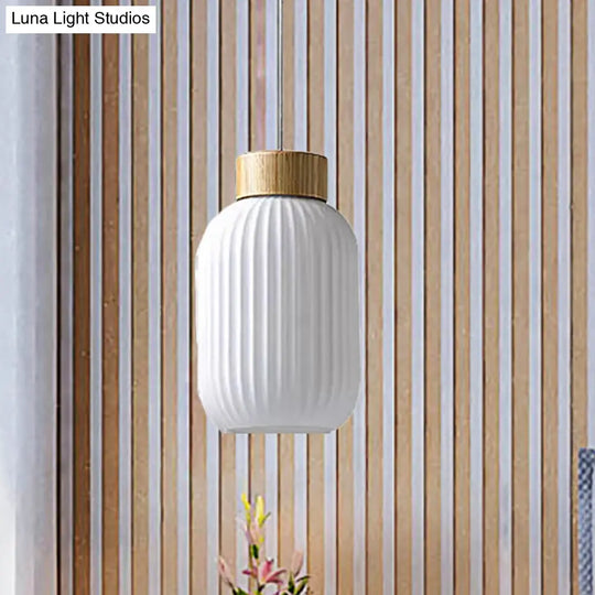 Modern 1-Light Milk Glass Ribbed Cylinder Pendant Light For Restaurants - 5.5 8 12 Diameter White