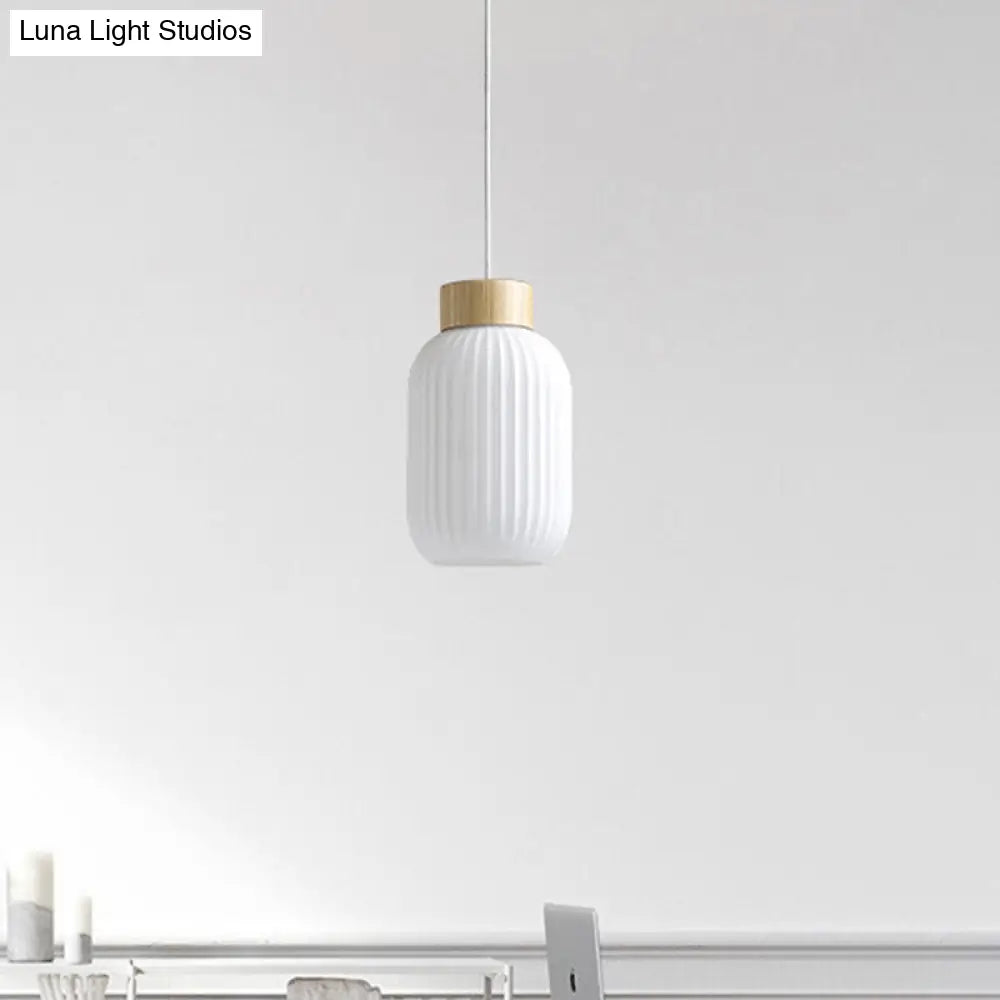 Modern 1-Light Milk Glass Ribbed Cylinder Pendant Light For Restaurants - 5.5 8 12 Diameter White