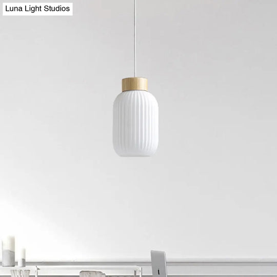 Modern 1-Light Milk Glass Ribbed Cylinder Pendant Light For Restaurants - 5.5 8 12 Diameter White