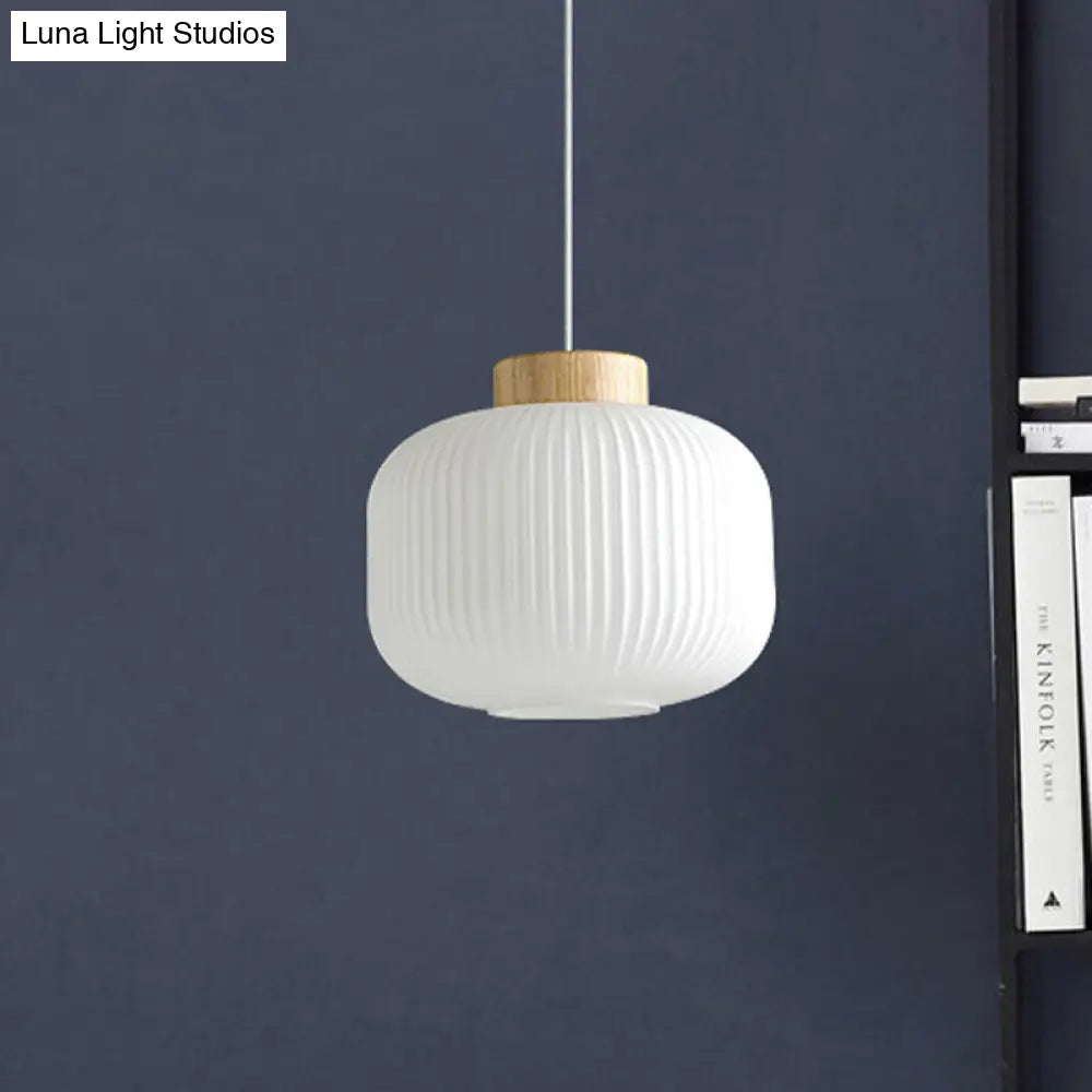 Modern 1-Light Milk Glass Ribbed Cylinder Pendant Light For Restaurants - 5.5 8 12 Diameter White