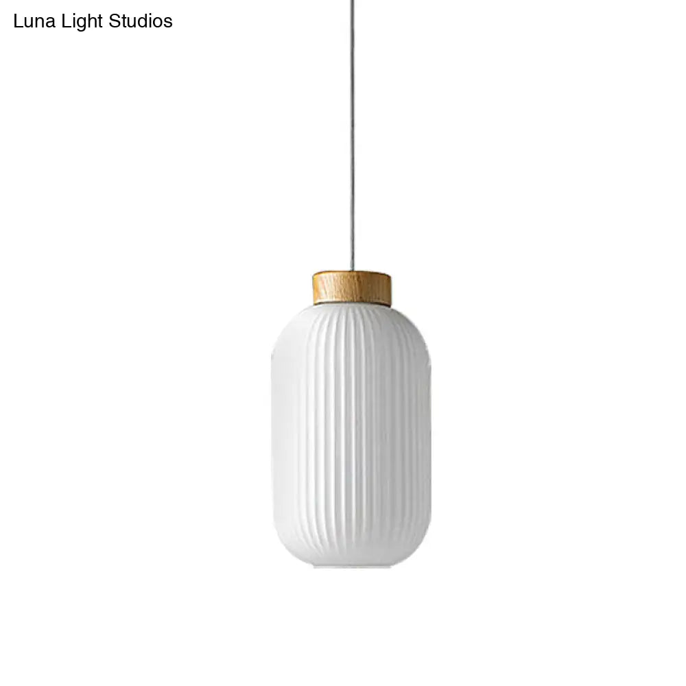 Modern 1-Light Milk Glass Ribbed Cylinder Pendant Light For Restaurants - 5.5 8 12 Diameter White