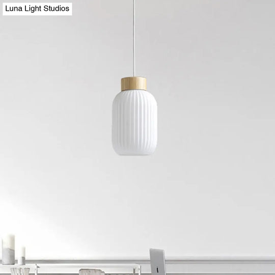 Modern Milk Glass Ribbed Cylinder Pendant Light - 5.5’/8’/12’ 1 White Ceiling Fixture For